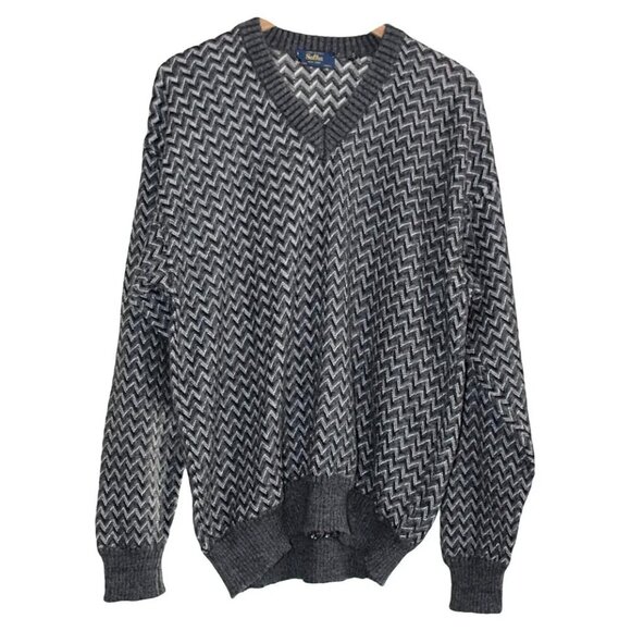 Sulka Designer - Vintage Men's Chevron Print V-Neck Pullover Alpaca - XL